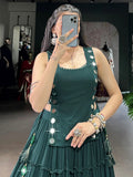Precious Green Lace Work Chiffon Navratri Wear Crop Top Lehenga