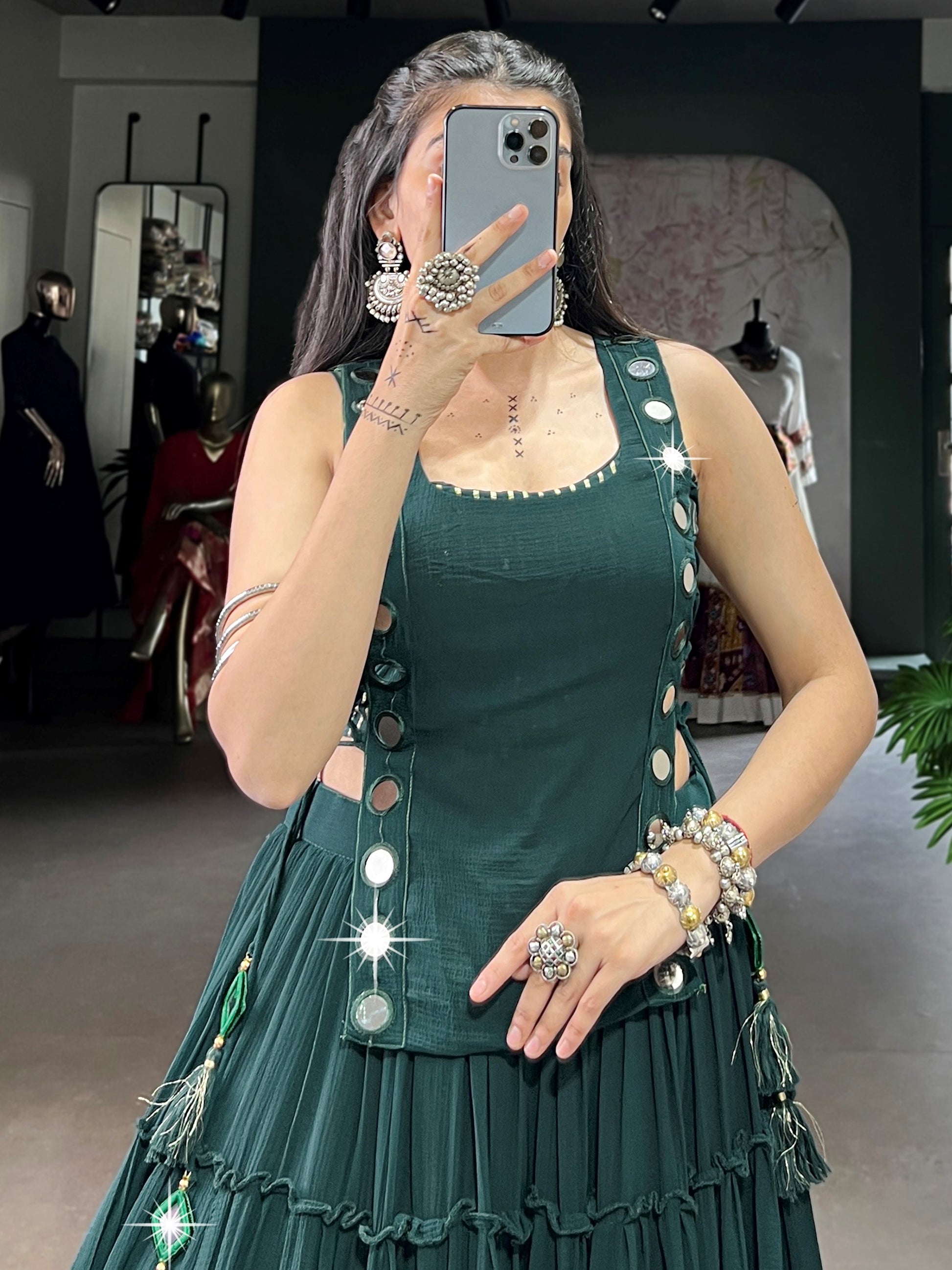Precious Green Lace Work Chiffon Navratri Wear Crop Top Lehenga