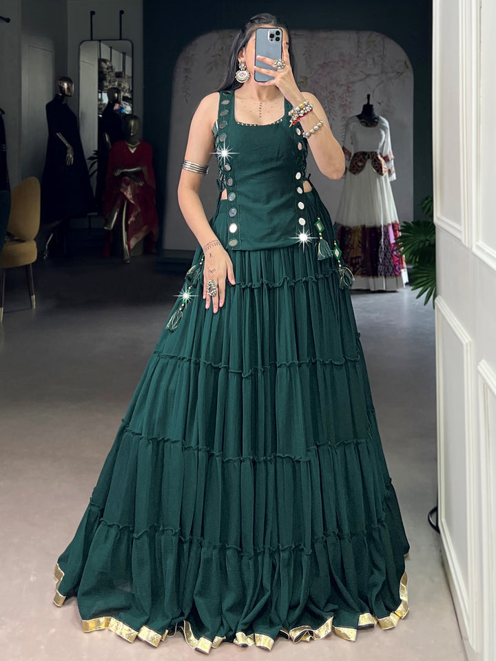 Precious Green Lace Work Chiffon Navratri Wear Crop Top Lehenga