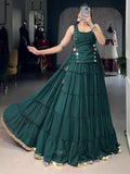 Precious Green Lace Work Chiffon Navratri Wear Crop Top Lehenga