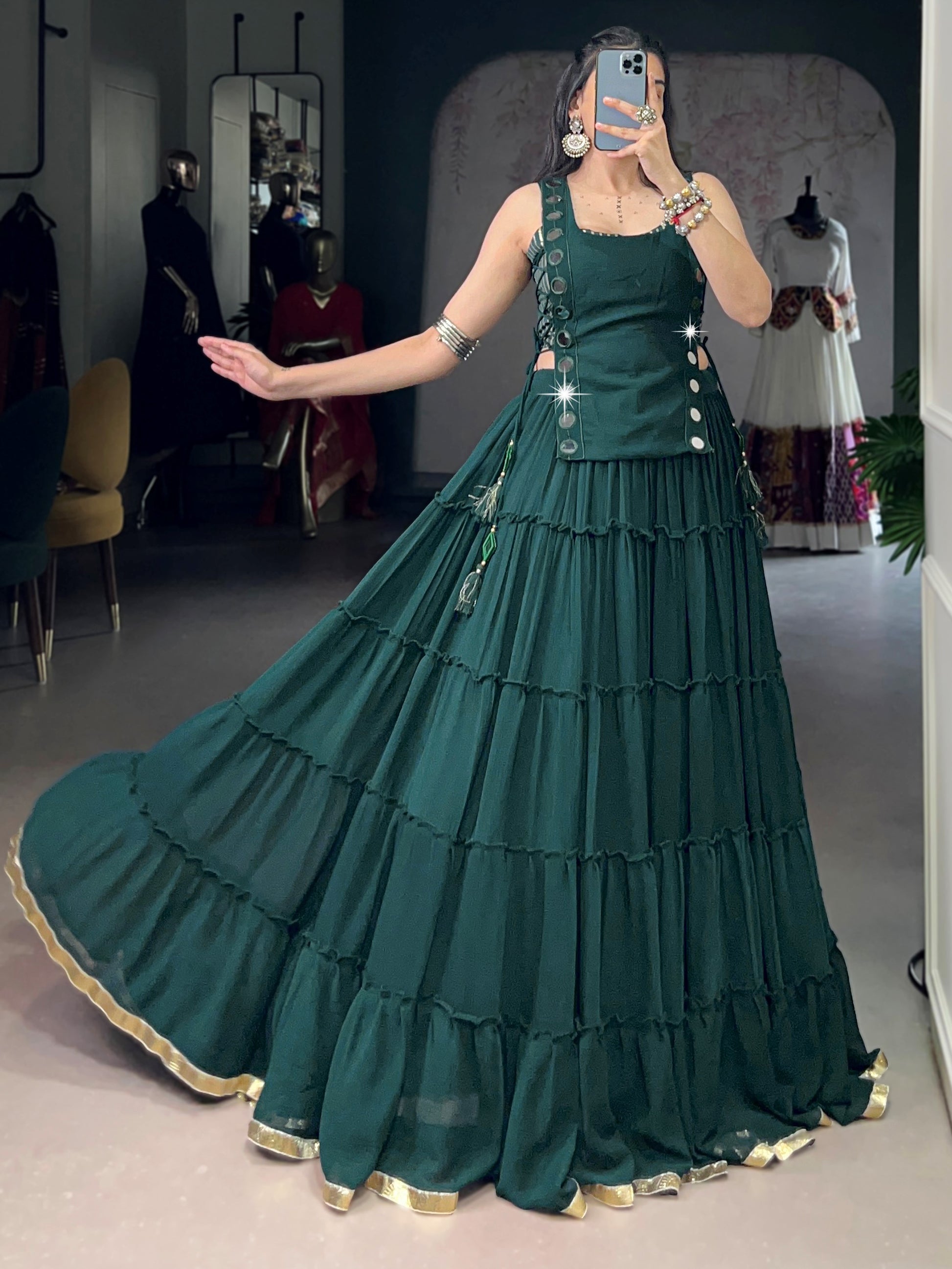 Precious Green Lace Work Chiffon Navratri Wear Crop Top Lehenga