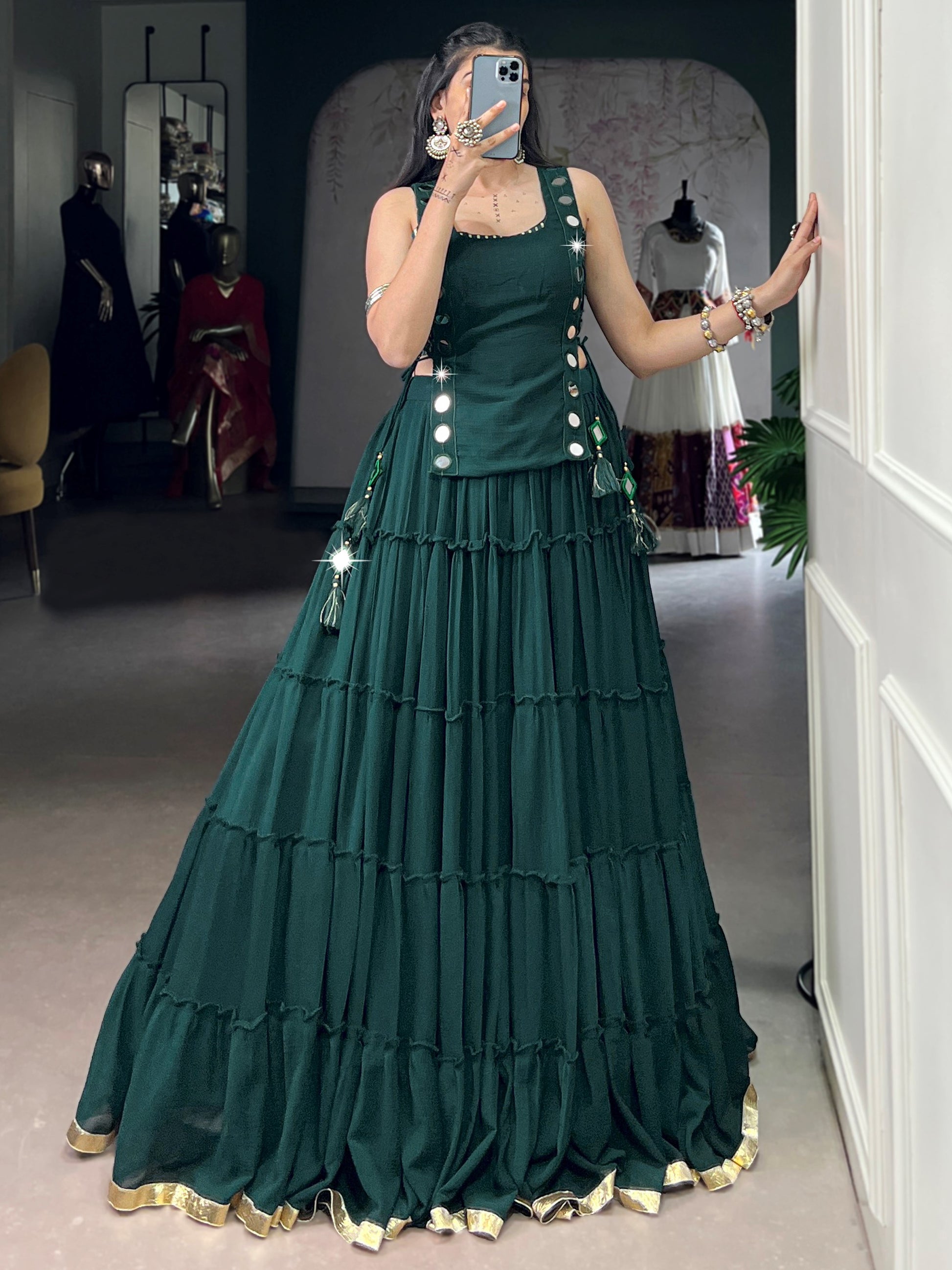 Precious Green Lace Work Chiffon Navratri Wear Crop Top Lehenga