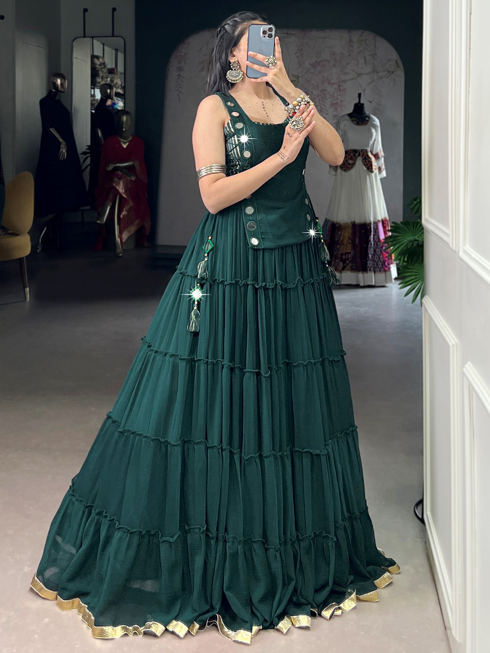 Precious Green Lace Work Chiffon Navratri Wear Crop Top Lehenga