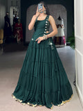 Precious Green Lace Work Chiffon Navratri Wear Crop Top Lehenga