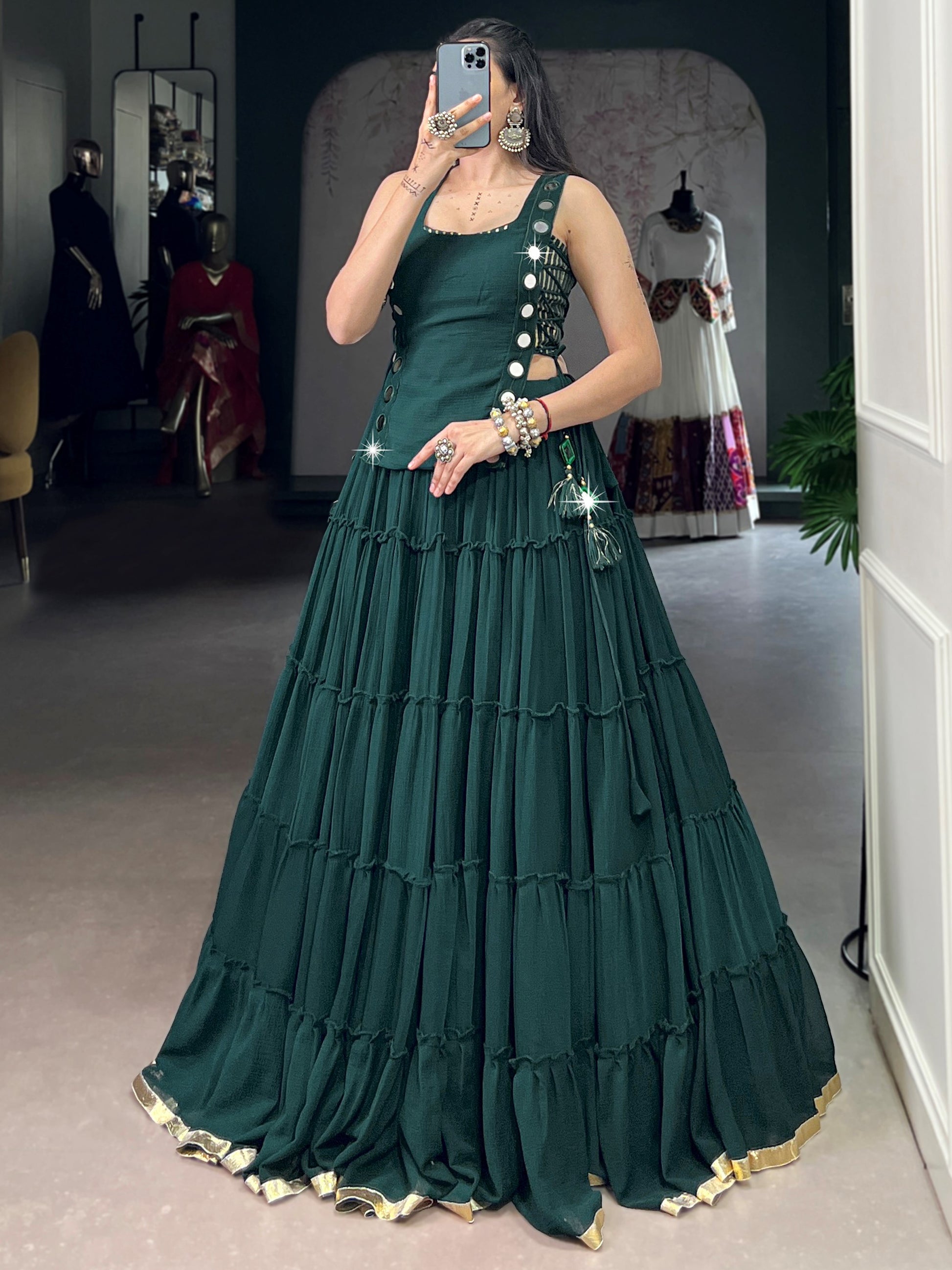 Precious Green Lace Work Chiffon Navratri Wear Crop Top Lehenga