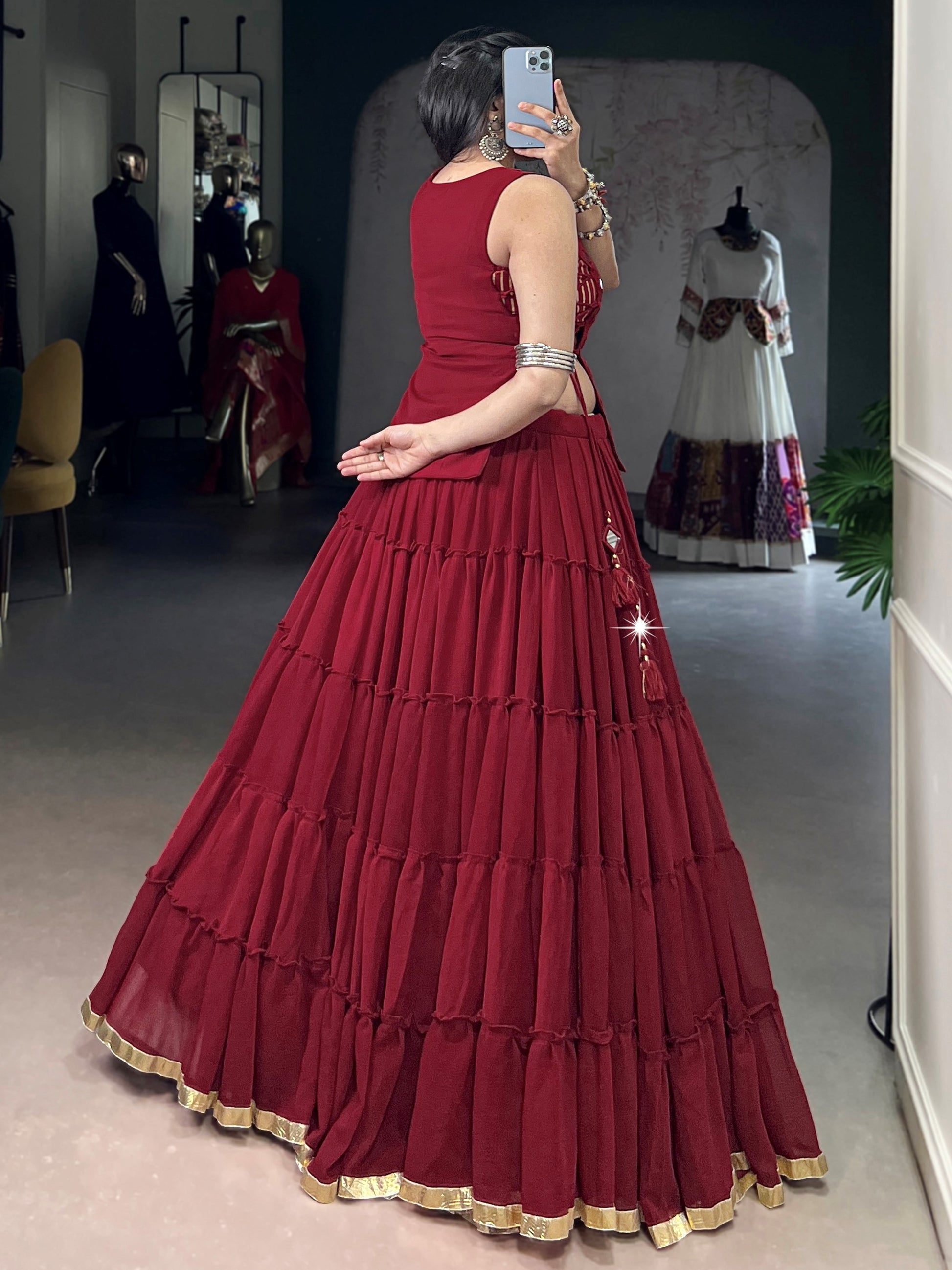 Beautiful Red Lace Work Chiffon Traditional Crop Top Lehenga 