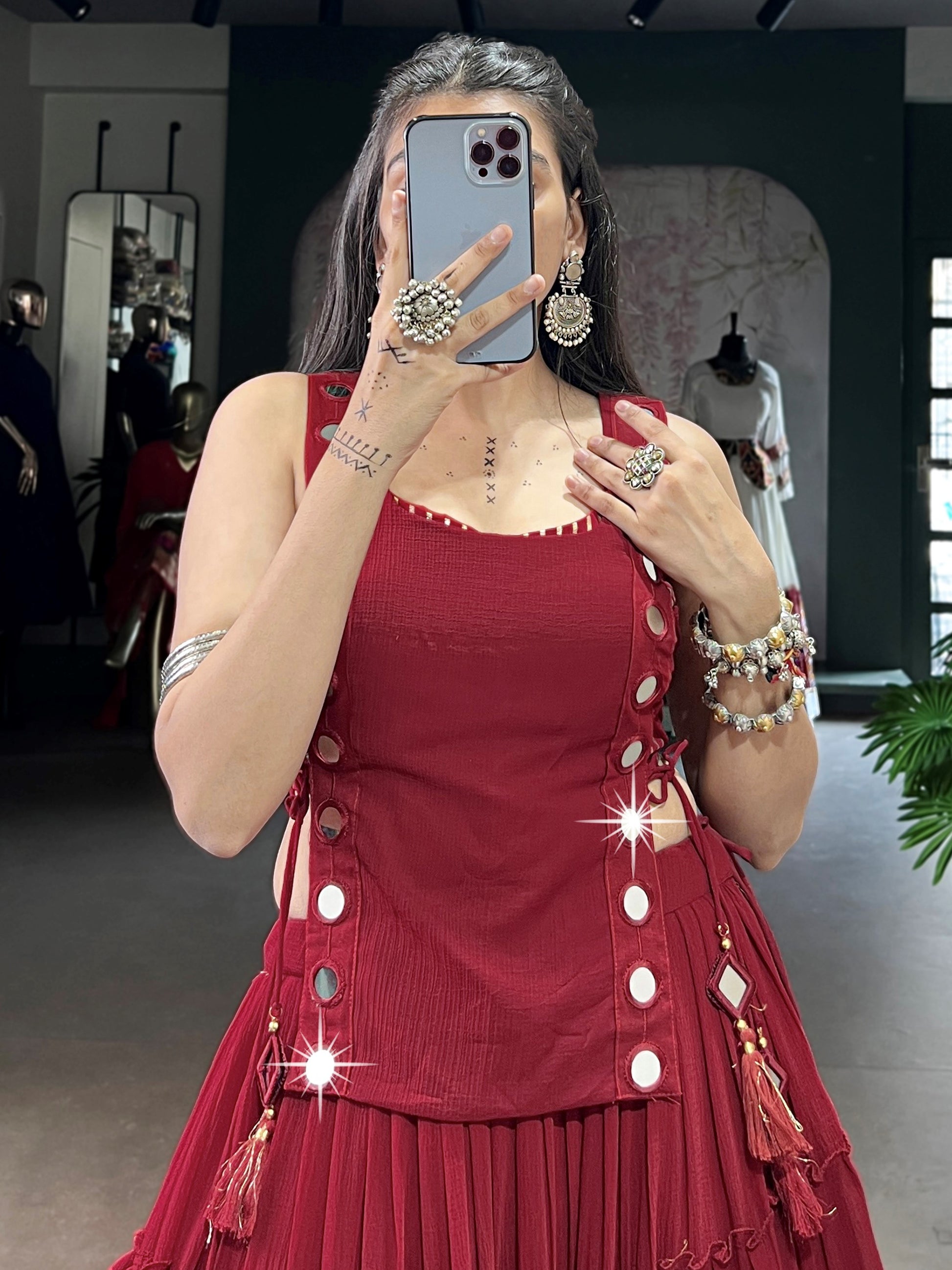 Beautiful Red Lace Work Chiffon Traditional Crop Top Lehenga 