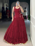 Beautiful Red Lace Work Chiffon Traditional Crop Top Lehenga 