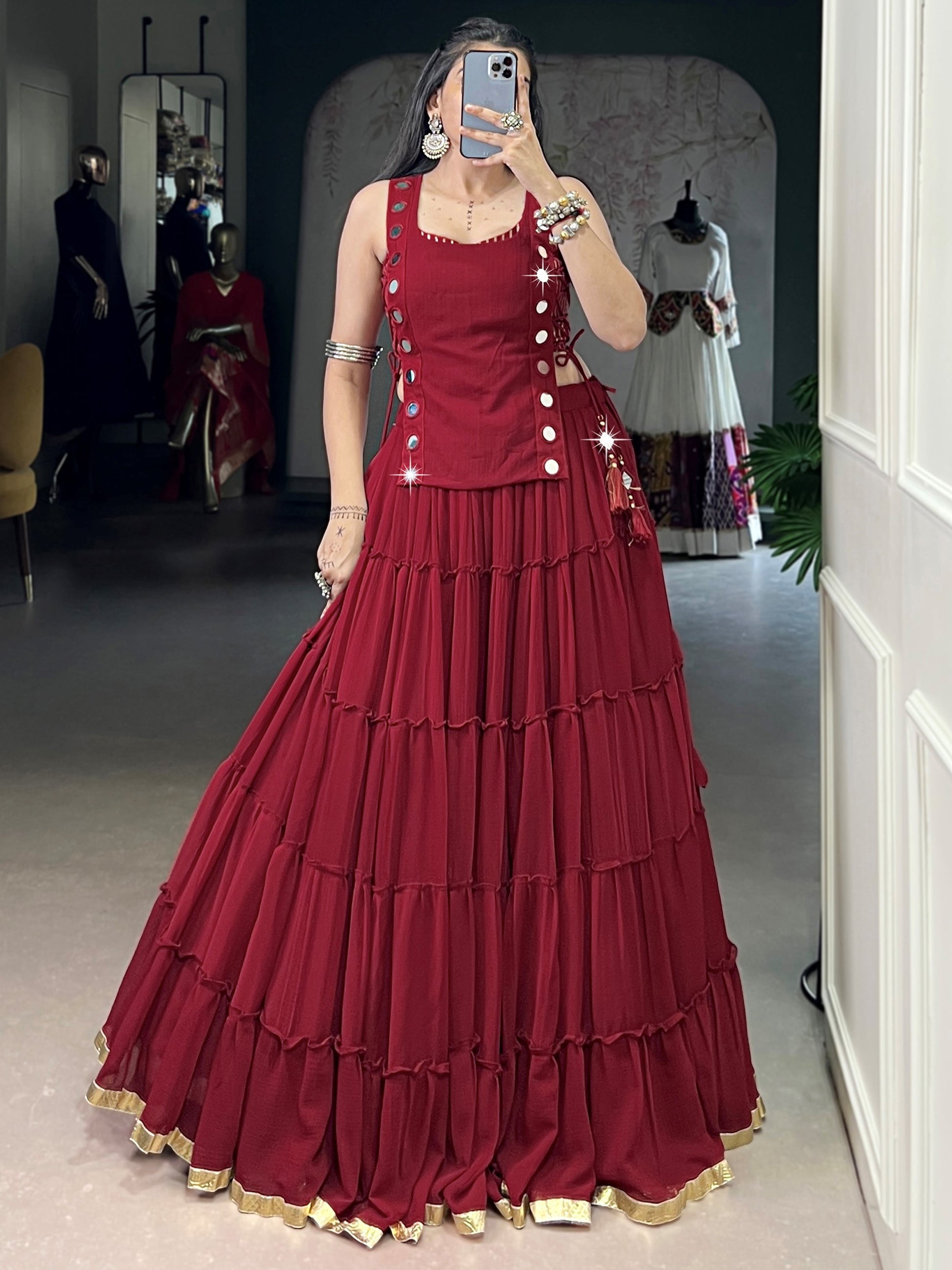 Beautiful Red Lace Work Chiffon Traditional Crop Top Lehenga 