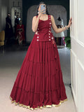 Beautiful Red Lace Work Chiffon Traditional Crop Top Lehenga 
