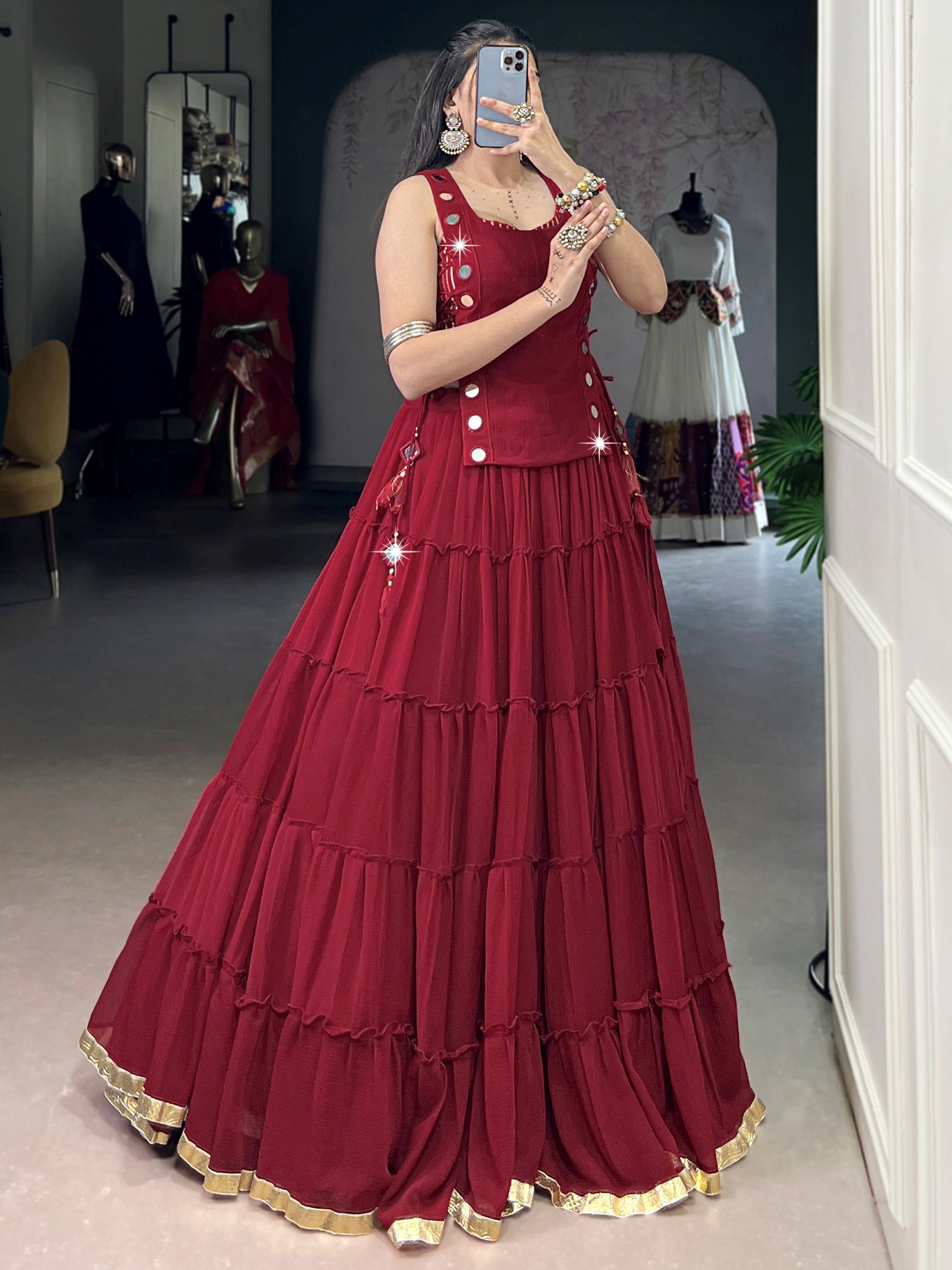 Beautiful Red Lace Work Chiffon Traditional Crop Top Lehenga 
