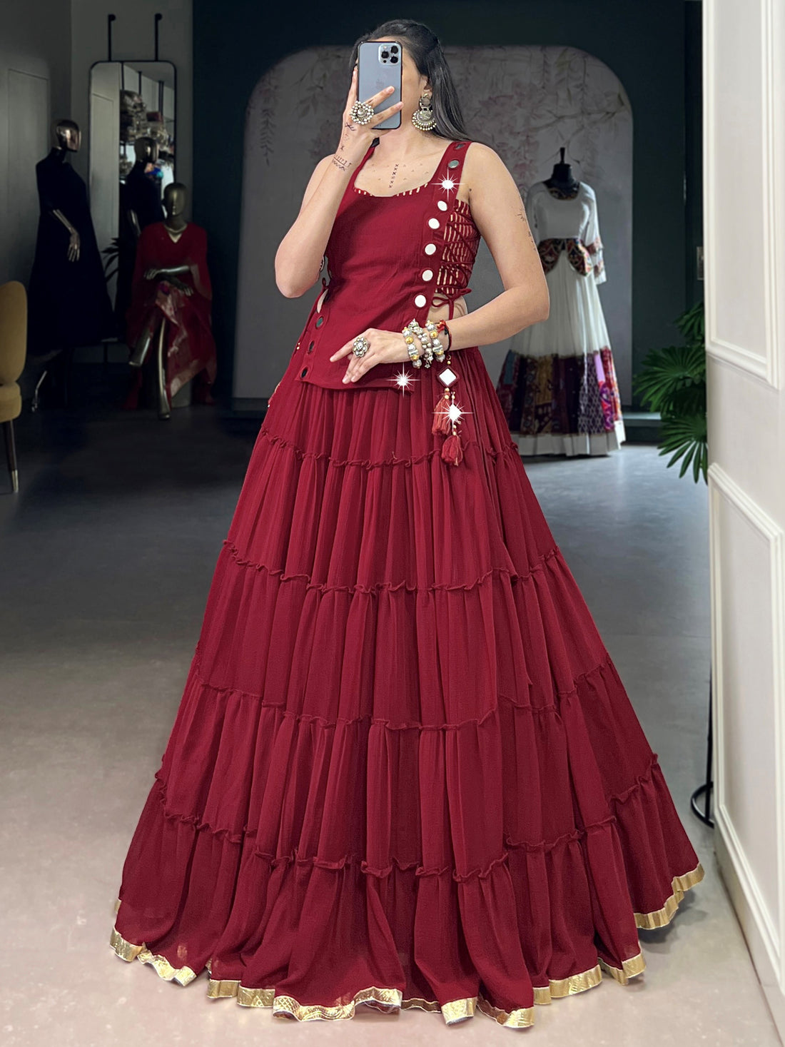 Beautiful Red Lace Work Chiffon Traditional Crop Top Lehenga 