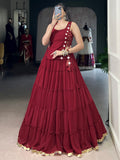Beautiful Red Lace Work Chiffon Traditional Crop Top Lehenga 