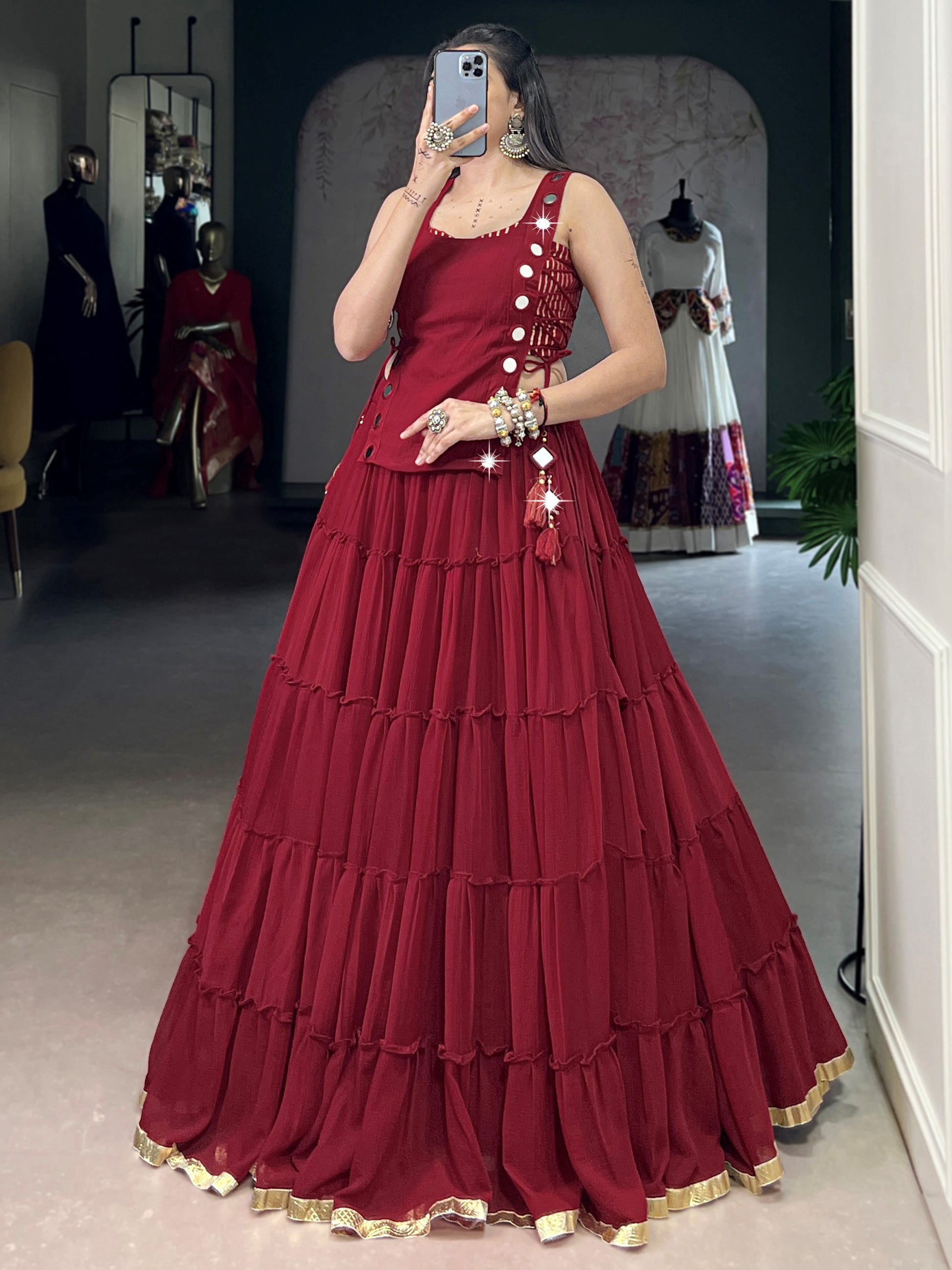 Beautiful Red Lace Work Chiffon Traditional Crop Top Lehenga 