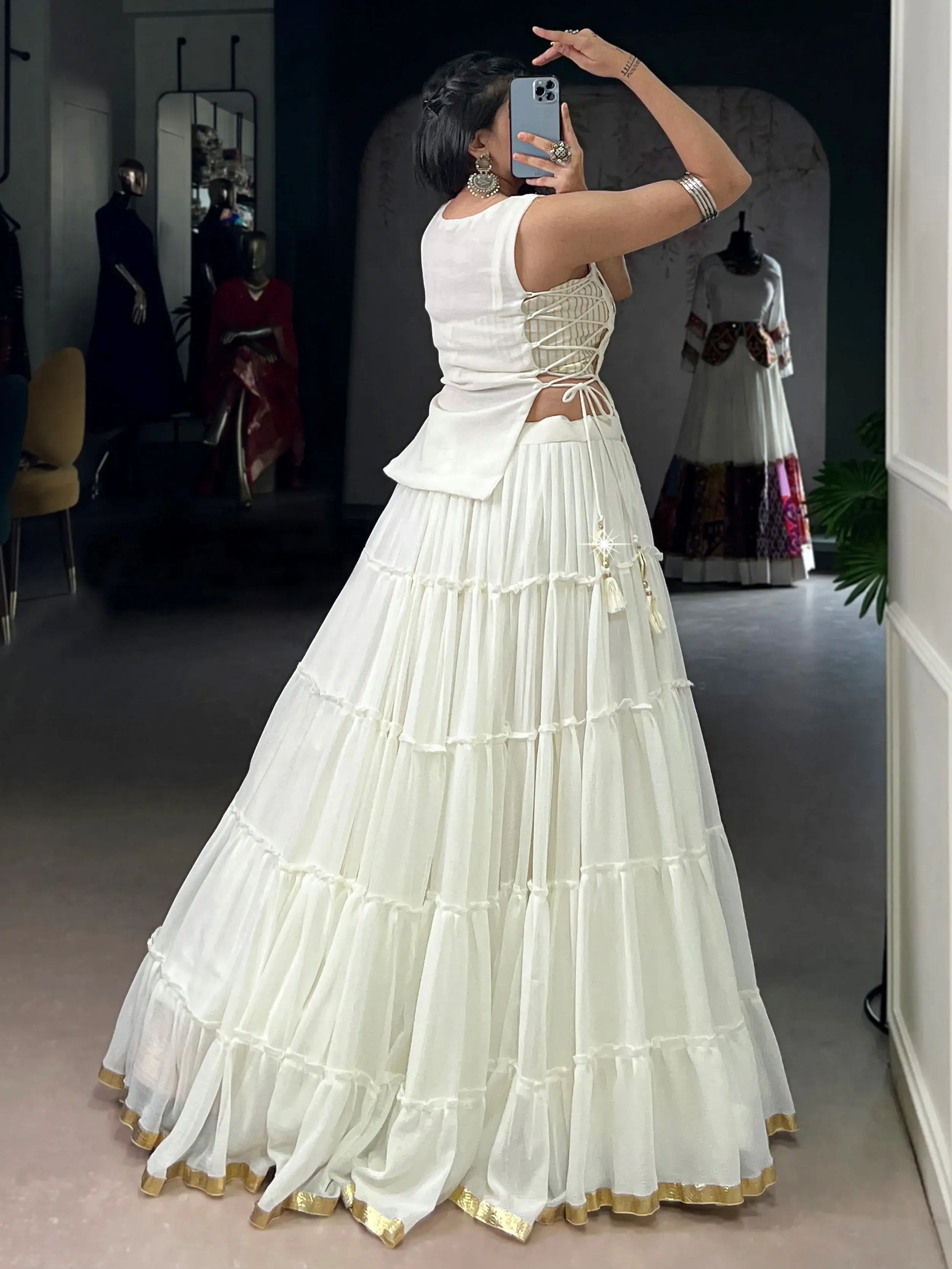 Regal White Lace Border Chiffon Event Wear Crop Top Lehenga With Koti