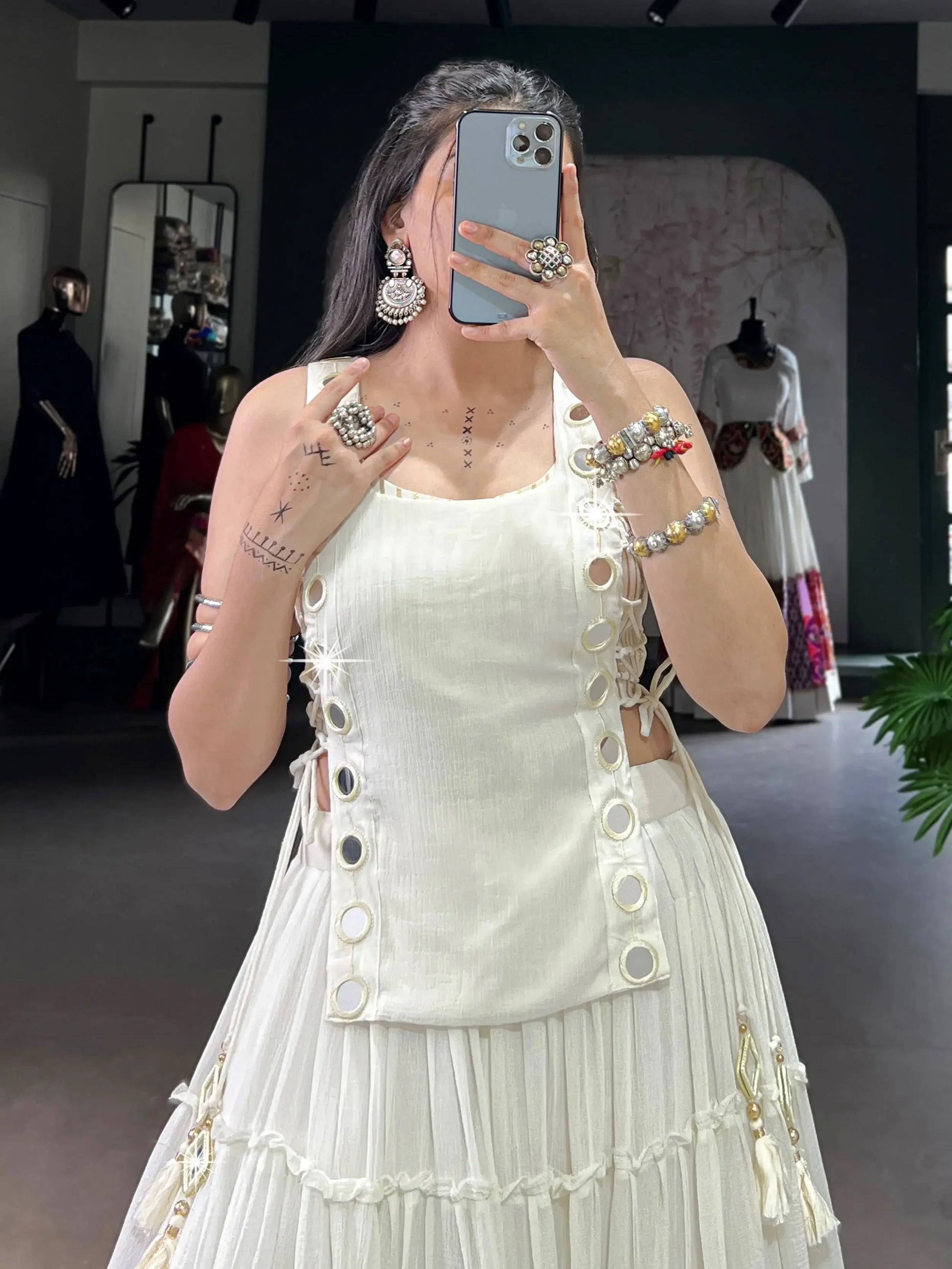 Regal White Lace Border Chiffon Event Wear Crop Top Lehenga With Koti