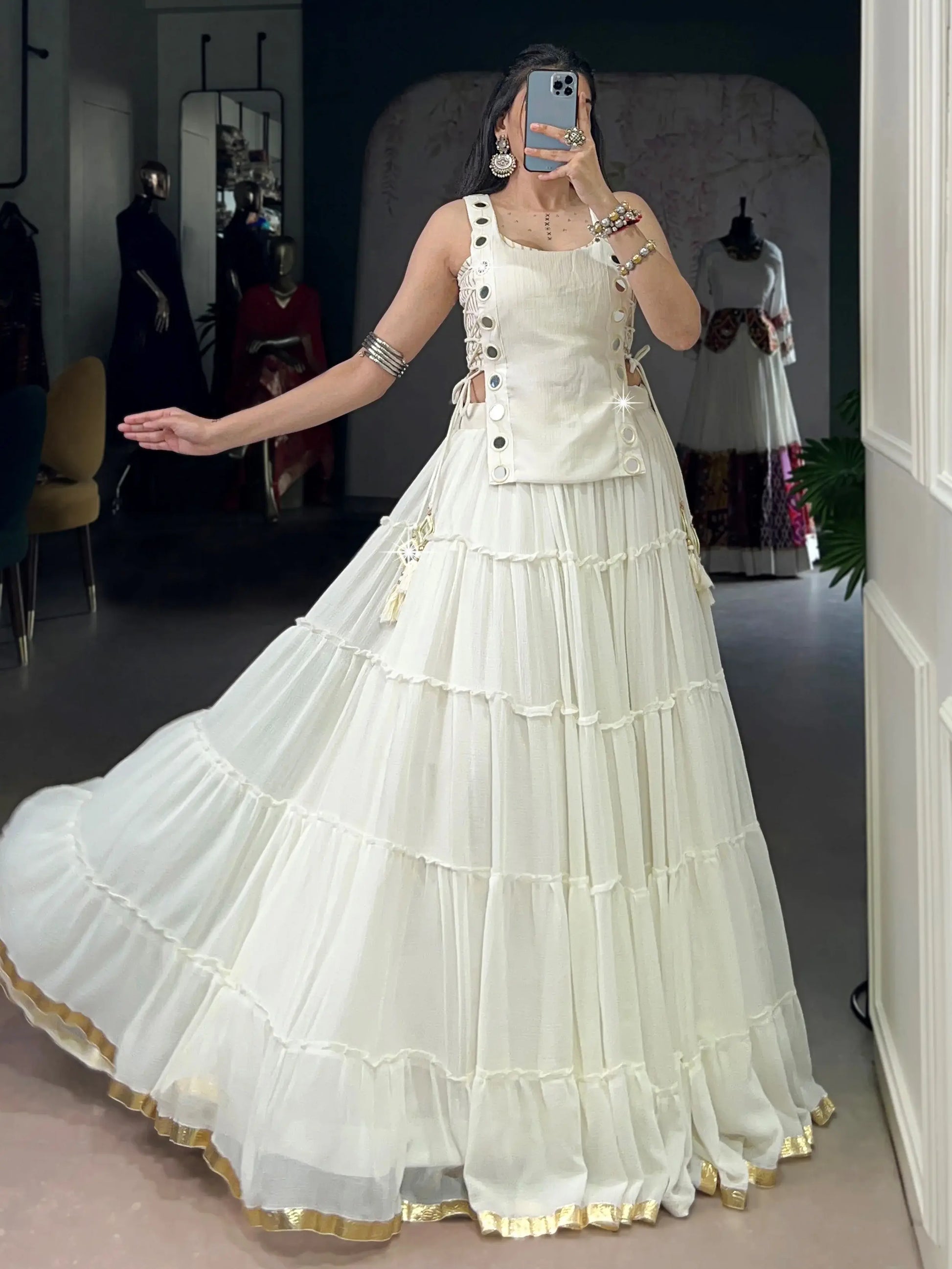 Regal White Lace Border Chiffon Event Wear Crop Top Lehenga With Koti