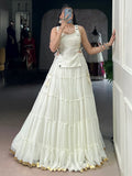Regal White Lace Border Chiffon Event Wear Crop Top Lehenga With Koti