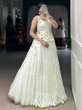 Regal White Lace Border Chiffon Event Wear Crop Top Lehenga With Koti