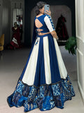 Spectacular Blue & White Printed Rayon Navratri Wear Lehenga Choli