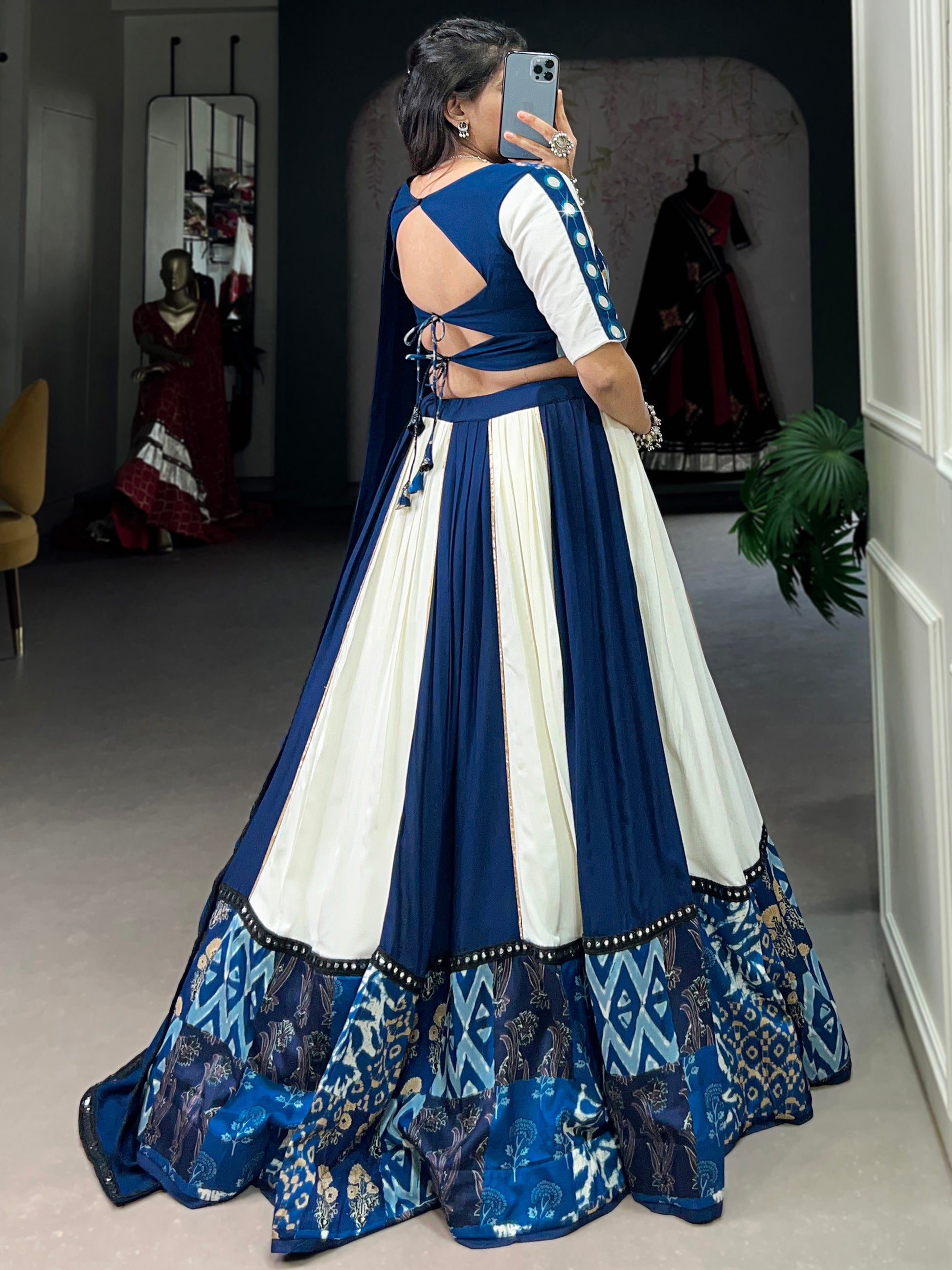Spectacular Blue & White Printed Rayon Navratri Wear Lehenga Choli