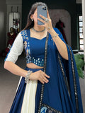 Spectacular Blue & White Printed Rayon Navratri Wear Lehenga Choli