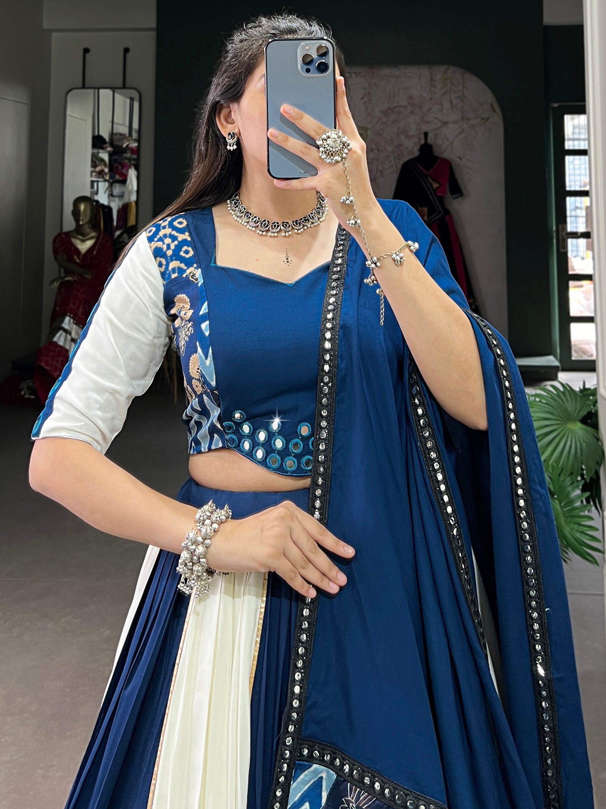Spectacular Blue & White Printed Rayon Navratri Wear Lehenga Choli
