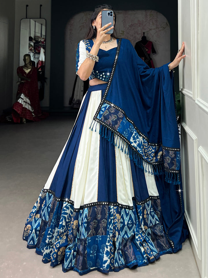 Spectacular Blue & White Printed Rayon Navratri Wear Lehenga Choli