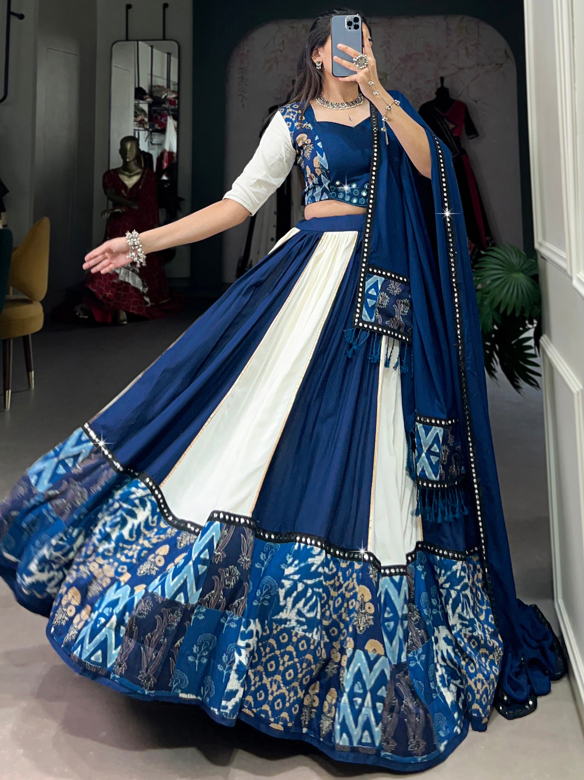 Spectacular Blue & White Printed Rayon Navratri Wear Lehenga Choli