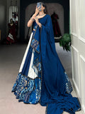 Spectacular Blue & White Printed Rayon Navratri Wear Lehenga Choli