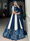 Spectacular Blue & White Printed Rayon Navratri Wear Lehenga Choli