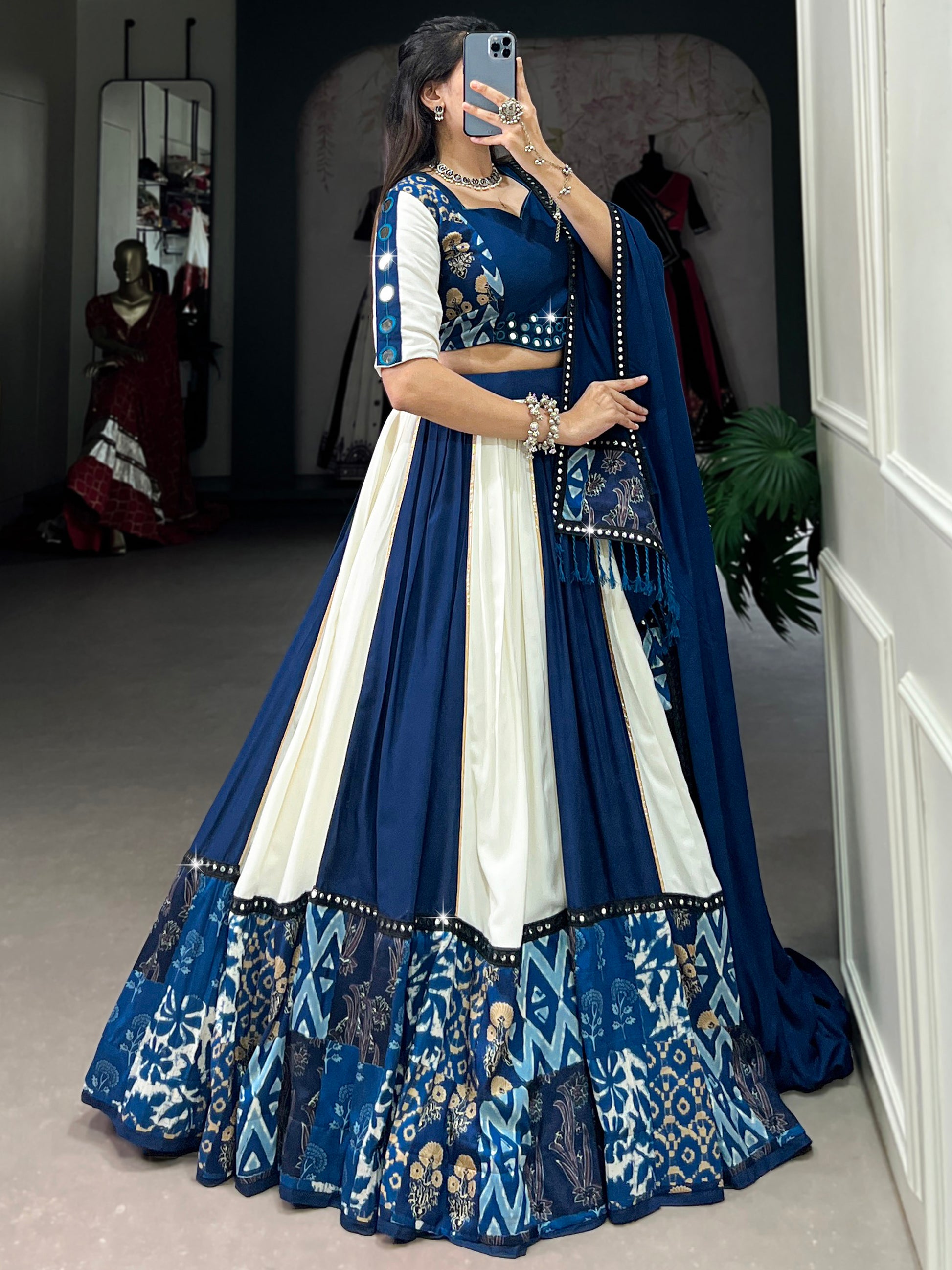 Spectacular Blue & White Printed Rayon Navratri Wear Lehenga Choli