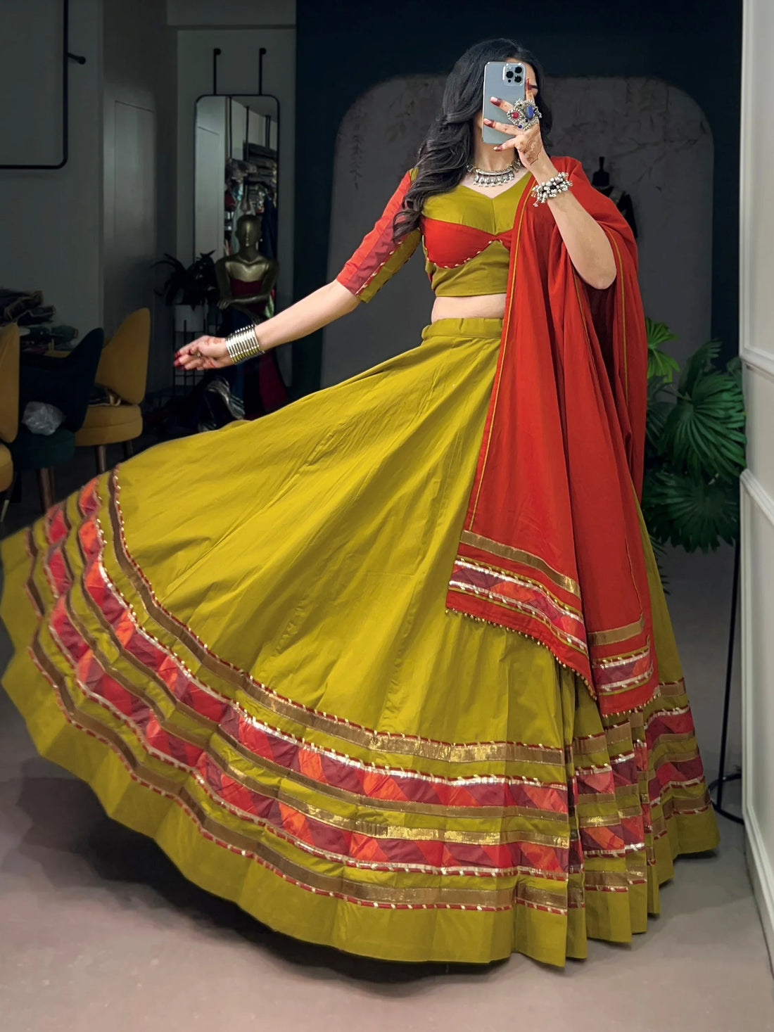 Stylist Mustard Yellow Gota Patti Cotton Navratri Wear Lehenga Choli