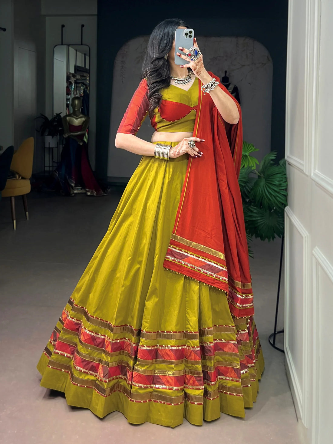 Stylist Mustard Yellow Gota Patti Cotton Navratri Wear Lehenga Choli