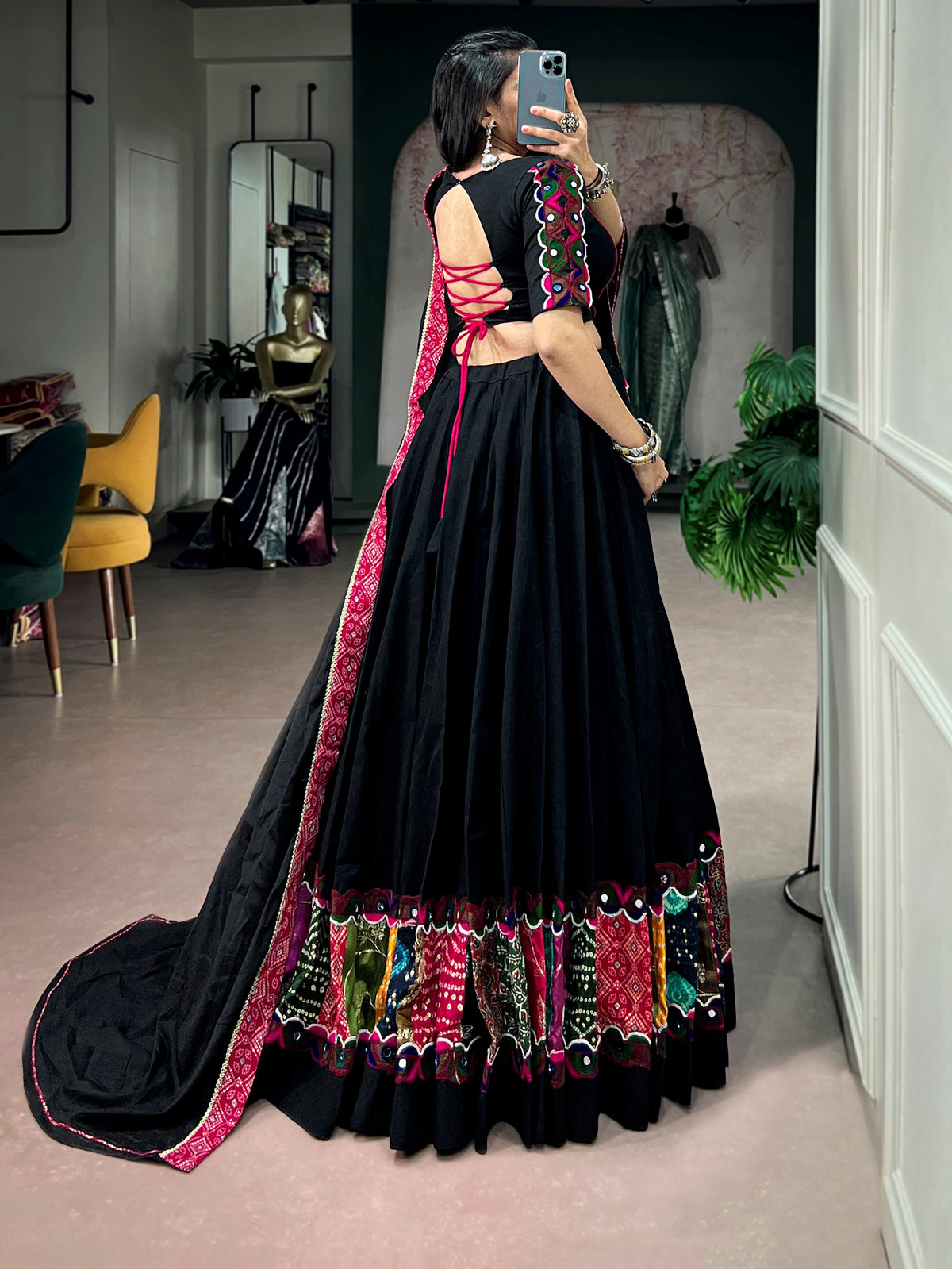 Striking Black Patchwork Cotton Navratri Wear Lehenga Choli