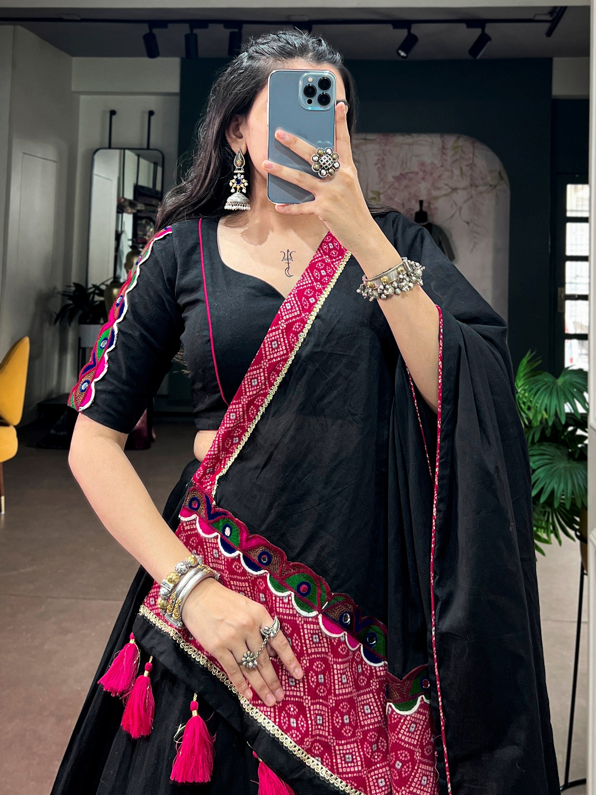 Striking Black Patchwork Cotton Navratri Wear Lehenga Choli