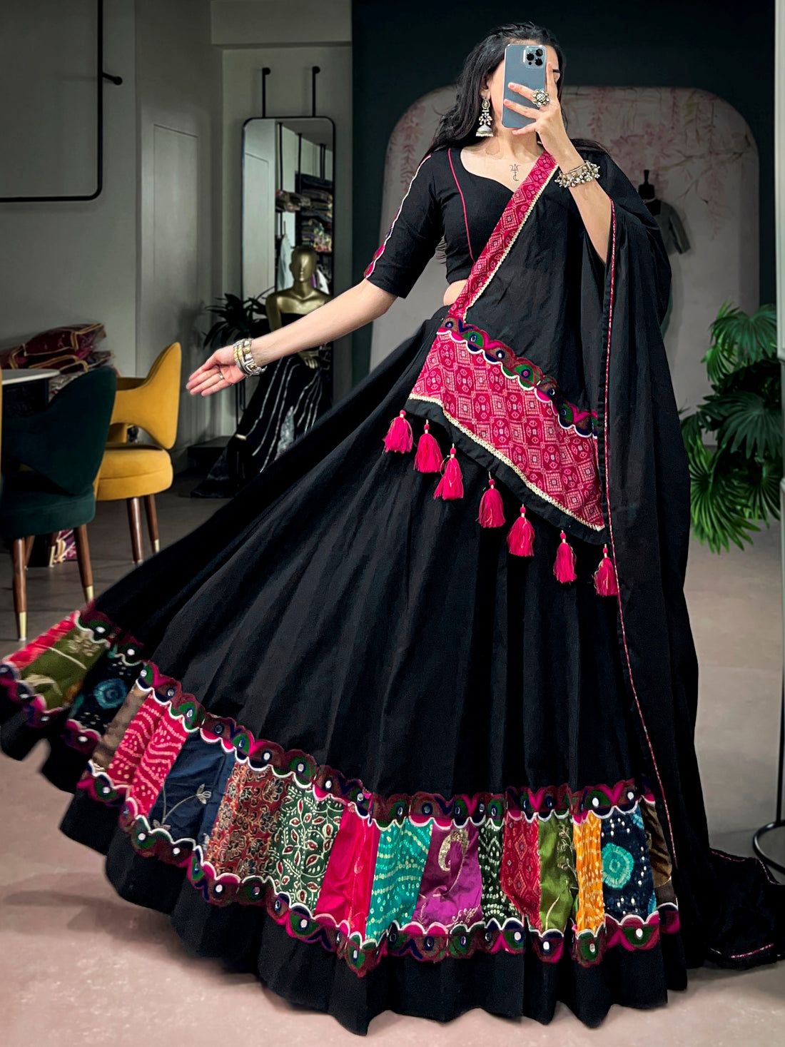 Striking Black Patchwork Cotton Navratri Wear Lehenga Choli