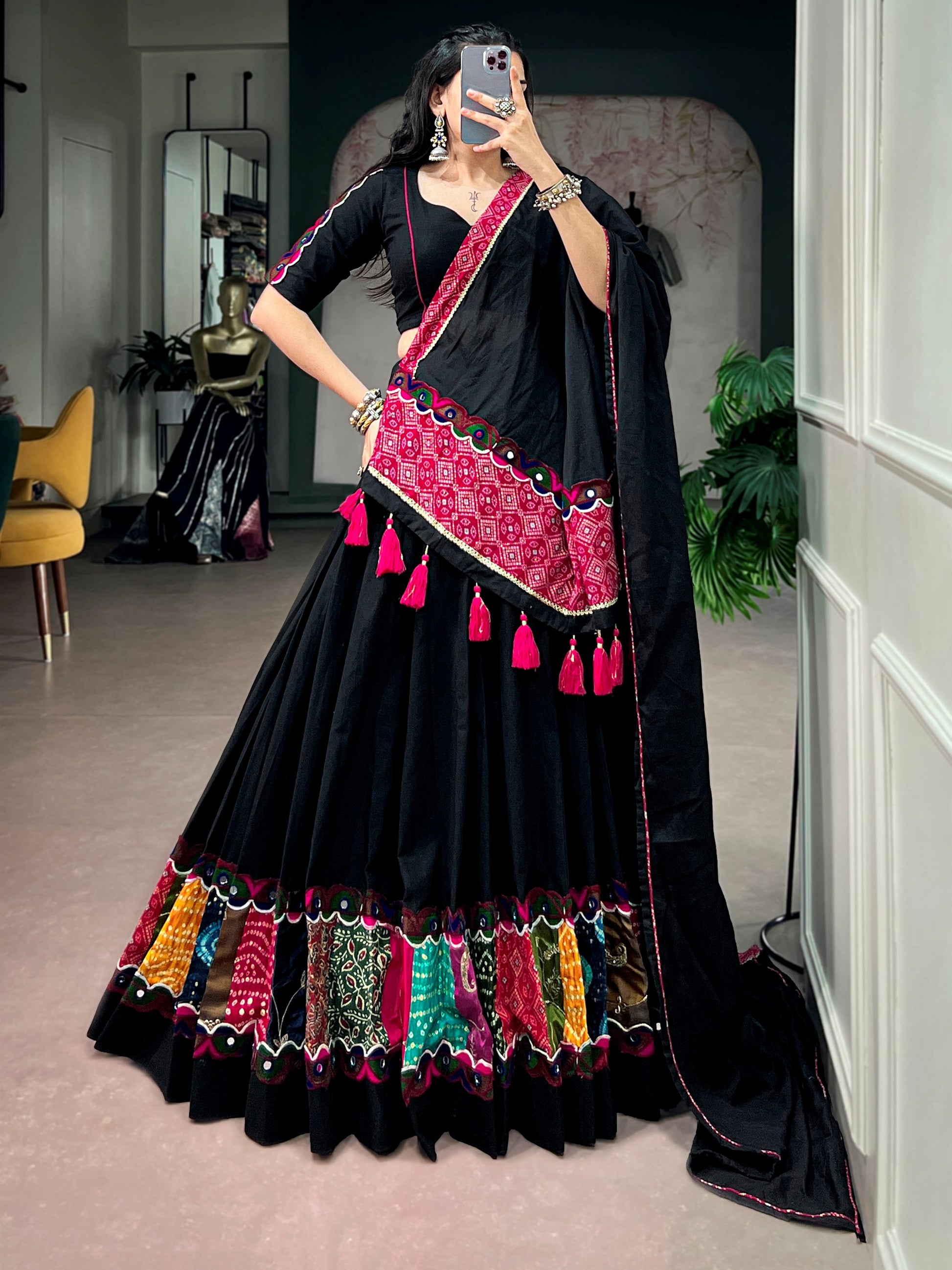 Striking Black Patchwork Cotton Navratri Wear Lehenga Choli