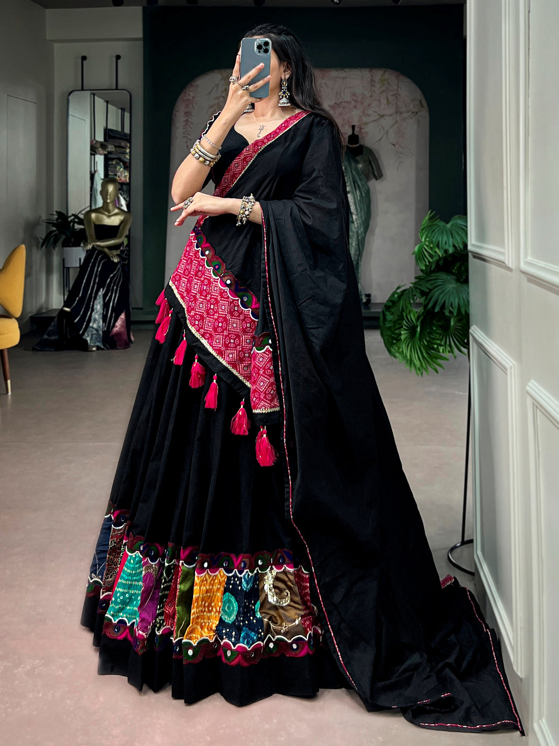 Striking Black Patchwork Cotton Navratri Wear Lehenga Choli