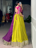 Graceful Yellow Lace Work Rayon Narvratri Wear Lehenga Choli With Dupatta