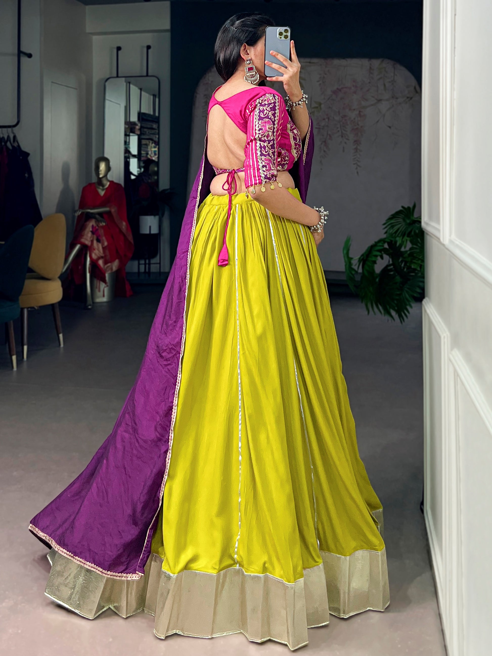 Graceful Yellow Lace Work Rayon Narvratri Wear Lehenga Choli With Dupatta