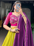 Graceful Yellow Lace Work Rayon Narvratri Wear Lehenga Choli With Dupatta