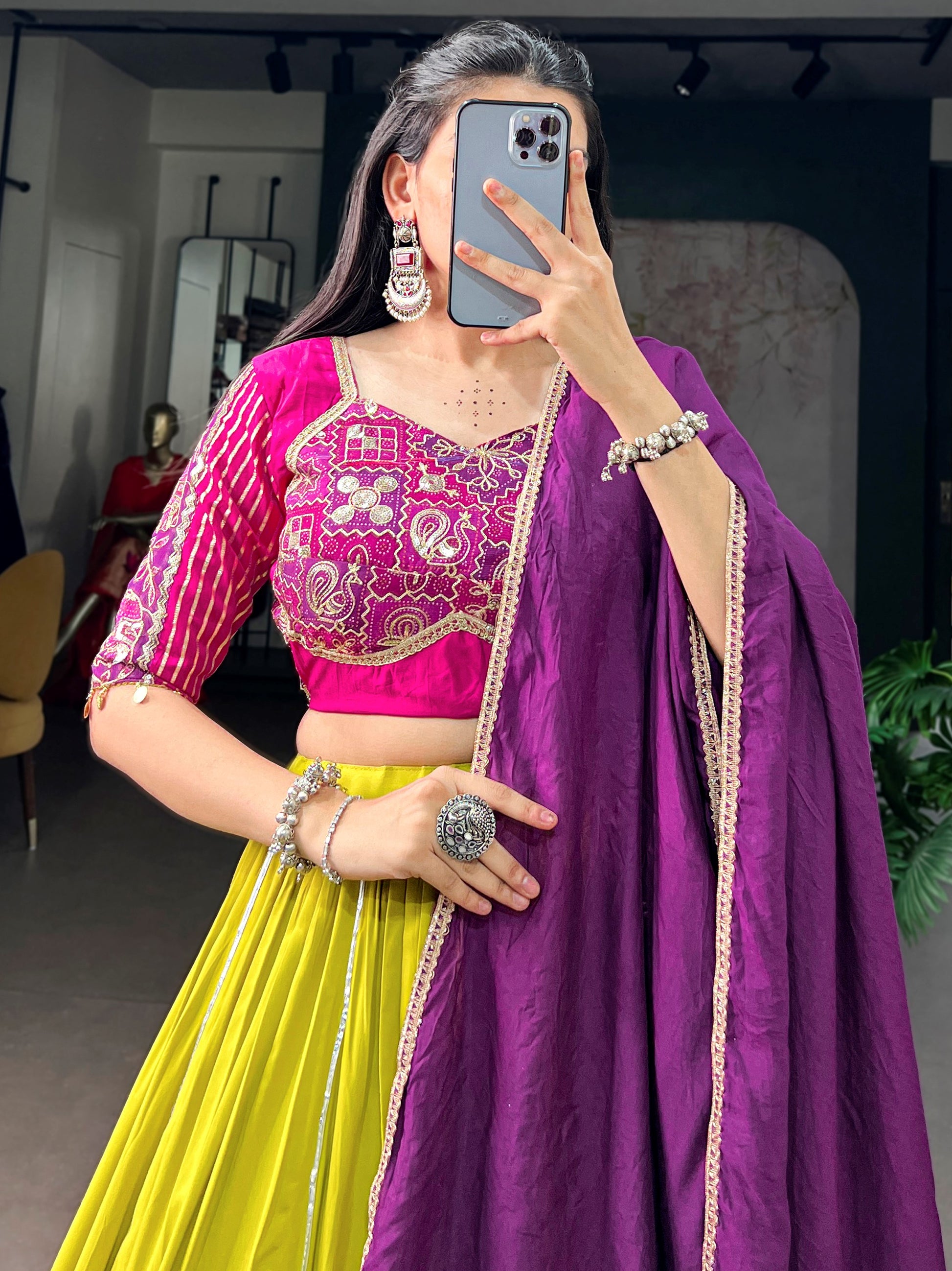 Graceful Yellow Lace Work Rayon Narvratri Wear Lehenga Choli With Dupatta