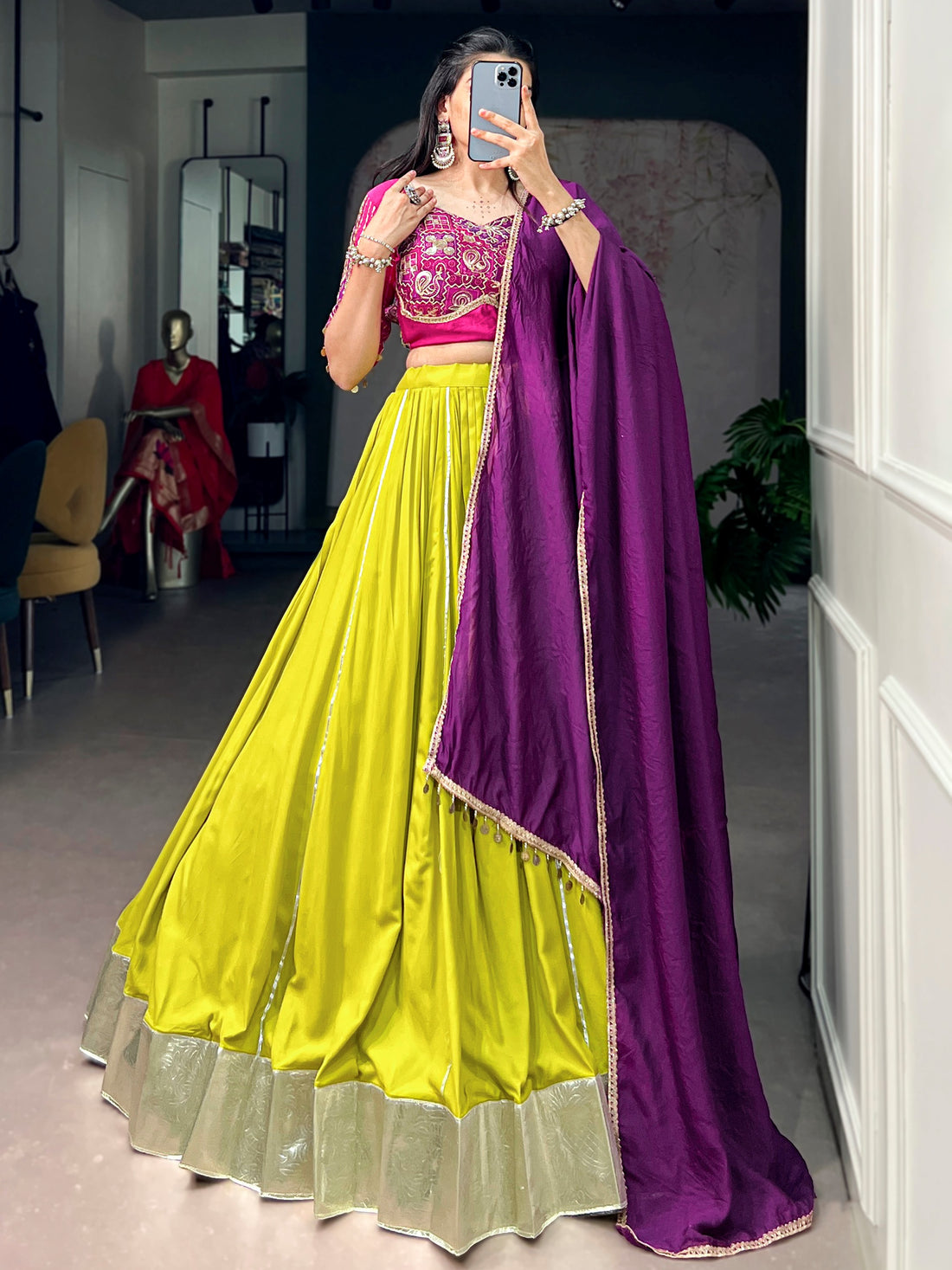 Graceful Yellow Lace Work Rayon Narvratri Wear Lehenga Choli With Dupatta