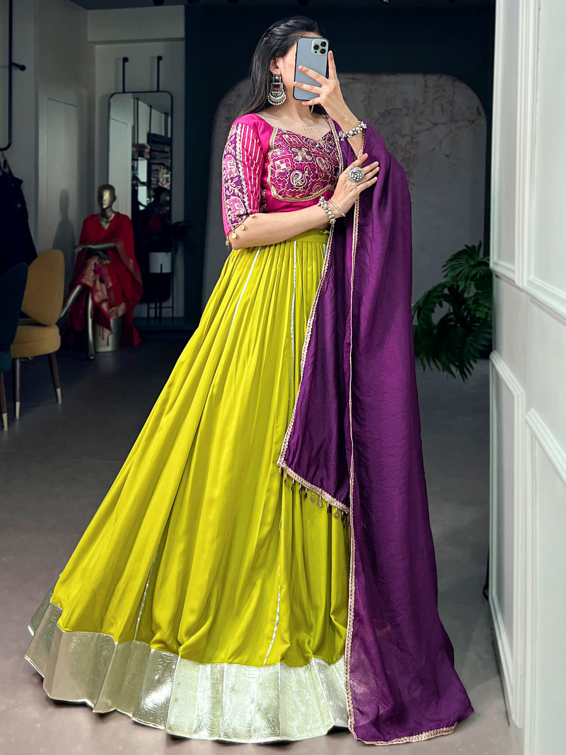 Graceful Yellow Lace Work Rayon Narvratri Wear Lehenga Choli With Dupatta