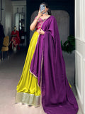 Graceful Yellow Lace Work Rayon Narvratri Wear Lehenga Choli With Dupatta