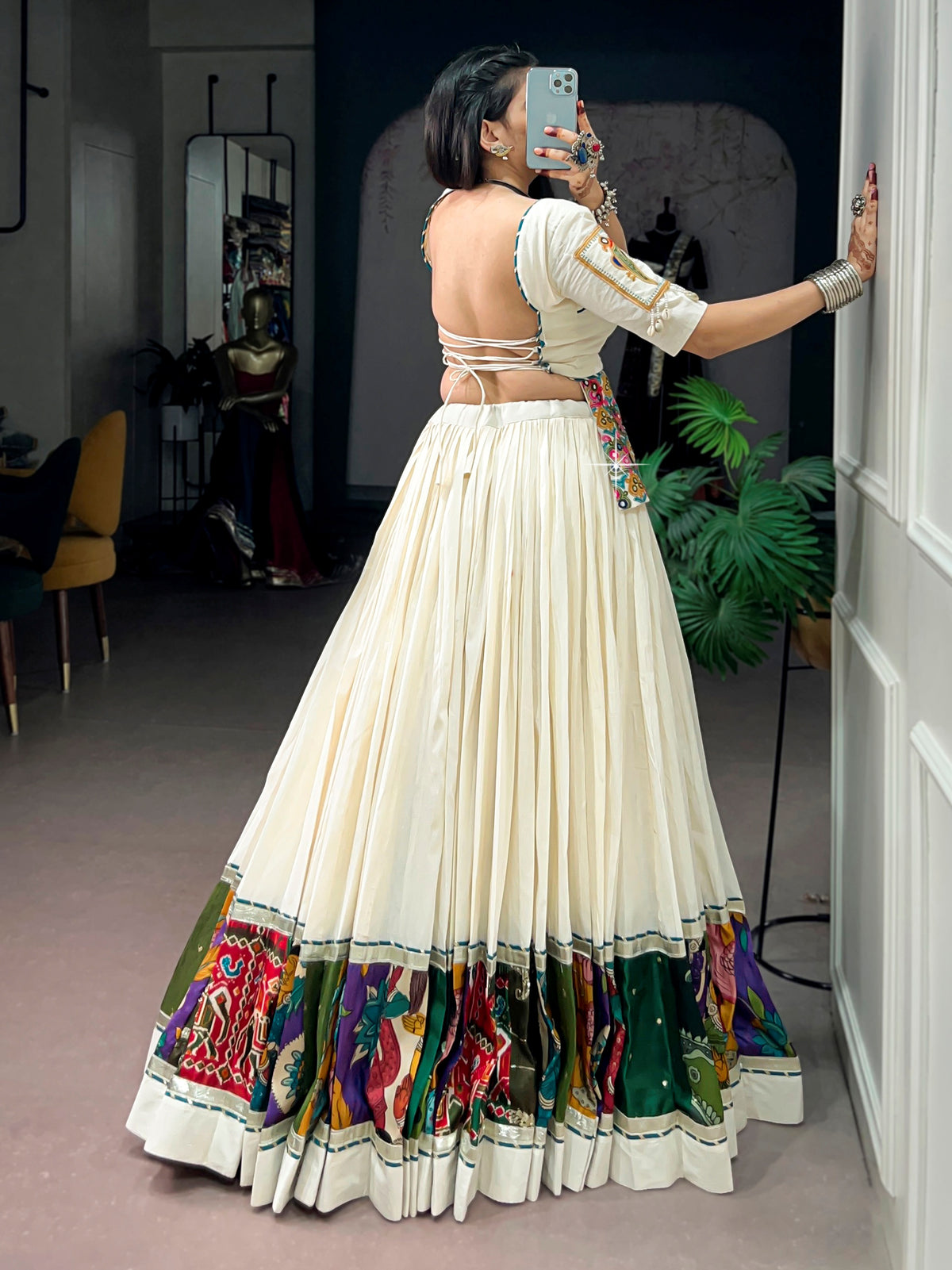 Artistic Off White Gamthi Work Cotton Navratri Wear Lehenga Choli