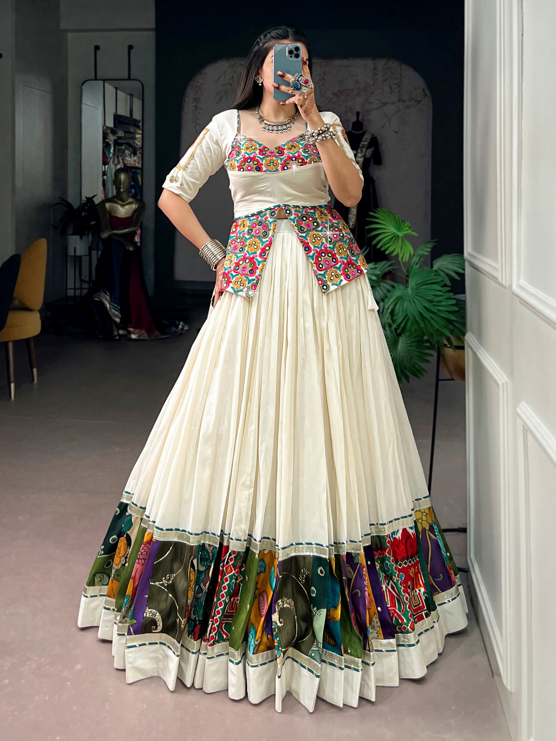 Artistic Off White Gamthi Work Cotton Navratri Wear Lehenga Choli