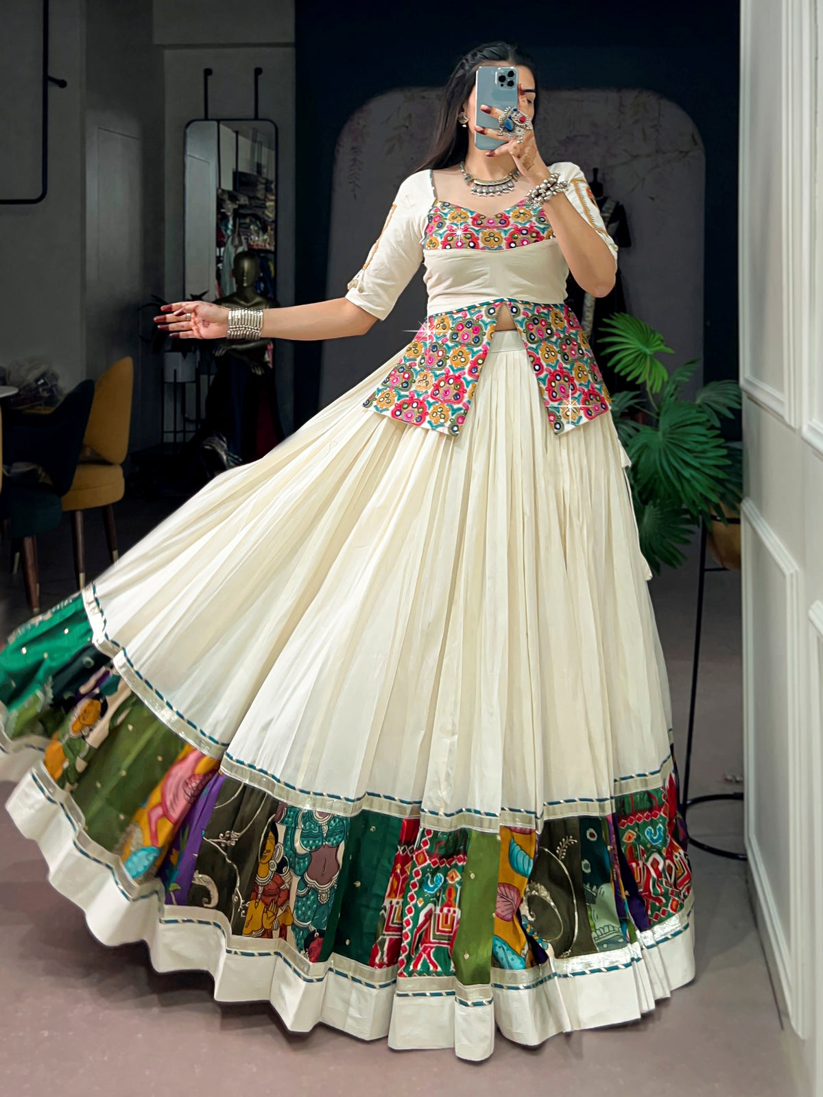 Artistic Off White Gamthi Work Cotton Navratri Wear Lehenga Choli