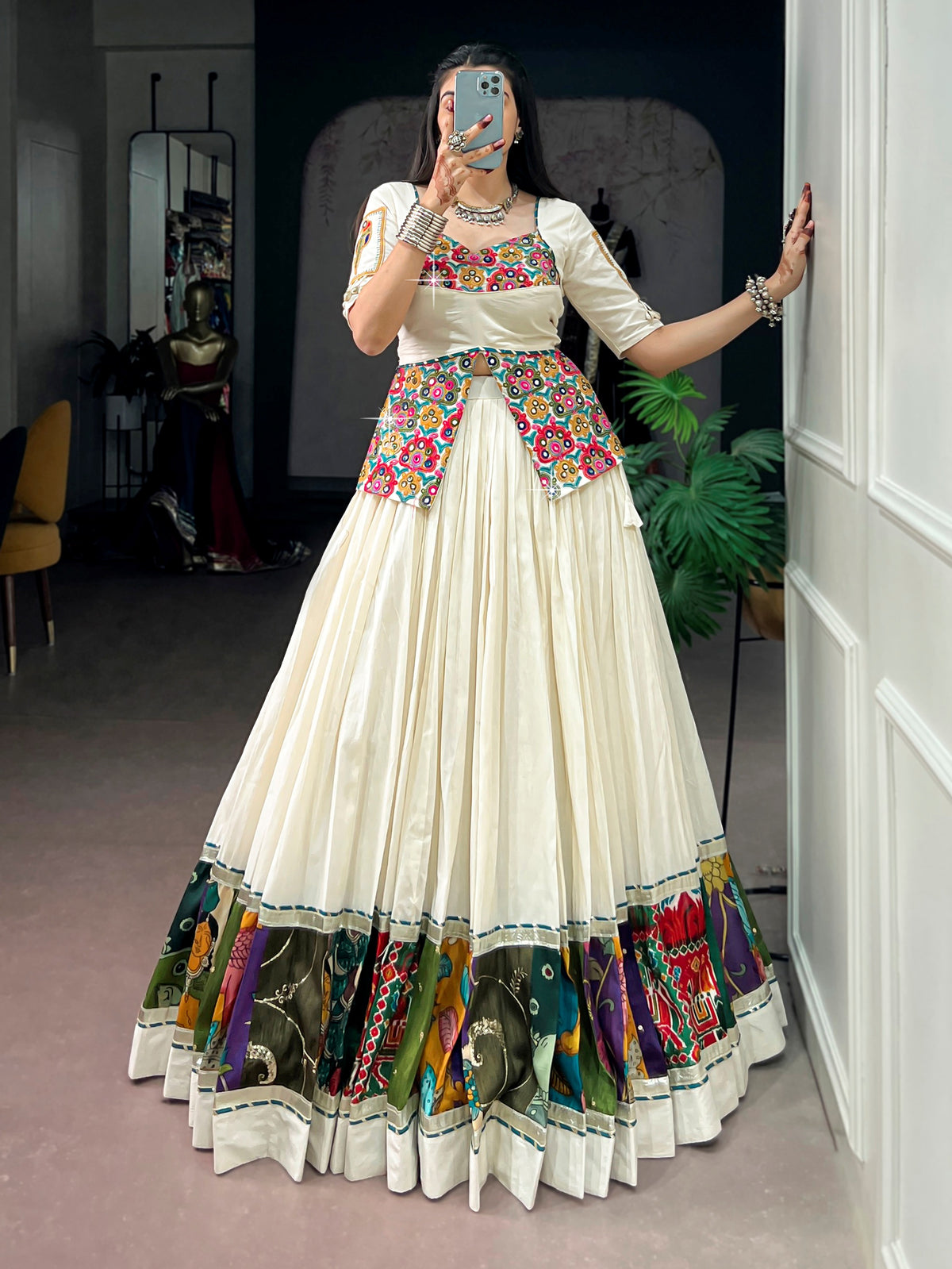 Artistic Off White Gamthi Work Cotton Navratri Wear Lehenga Choli
